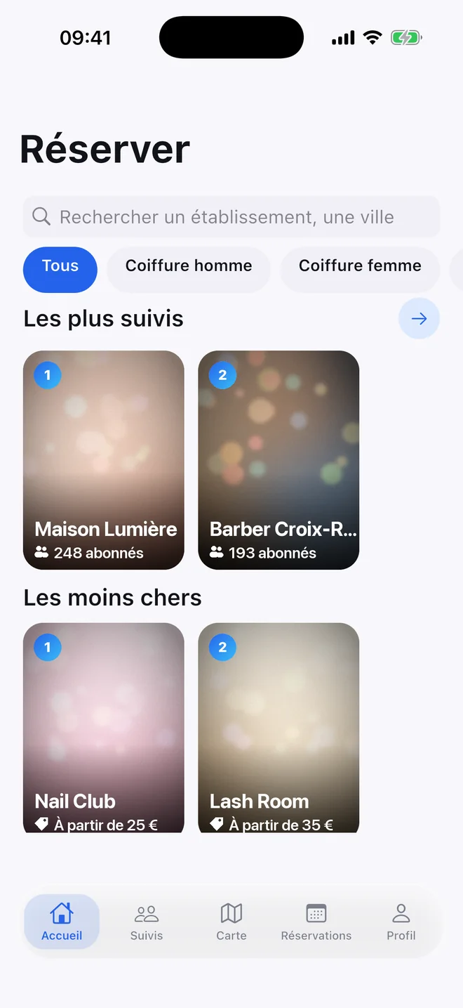 Écran d'accueil de l'app Snipy : les salons les plus suivis et les moins chers près de chez vous