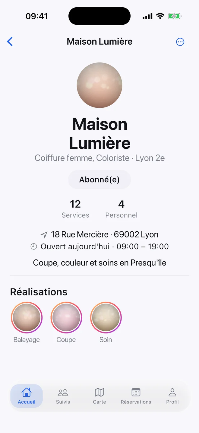 Fiche d'un salon dans Snipy : adresse, horaires, prestations et réalisations